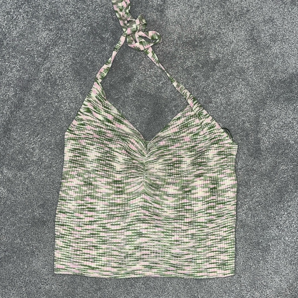 Green pink and white halter top, XS